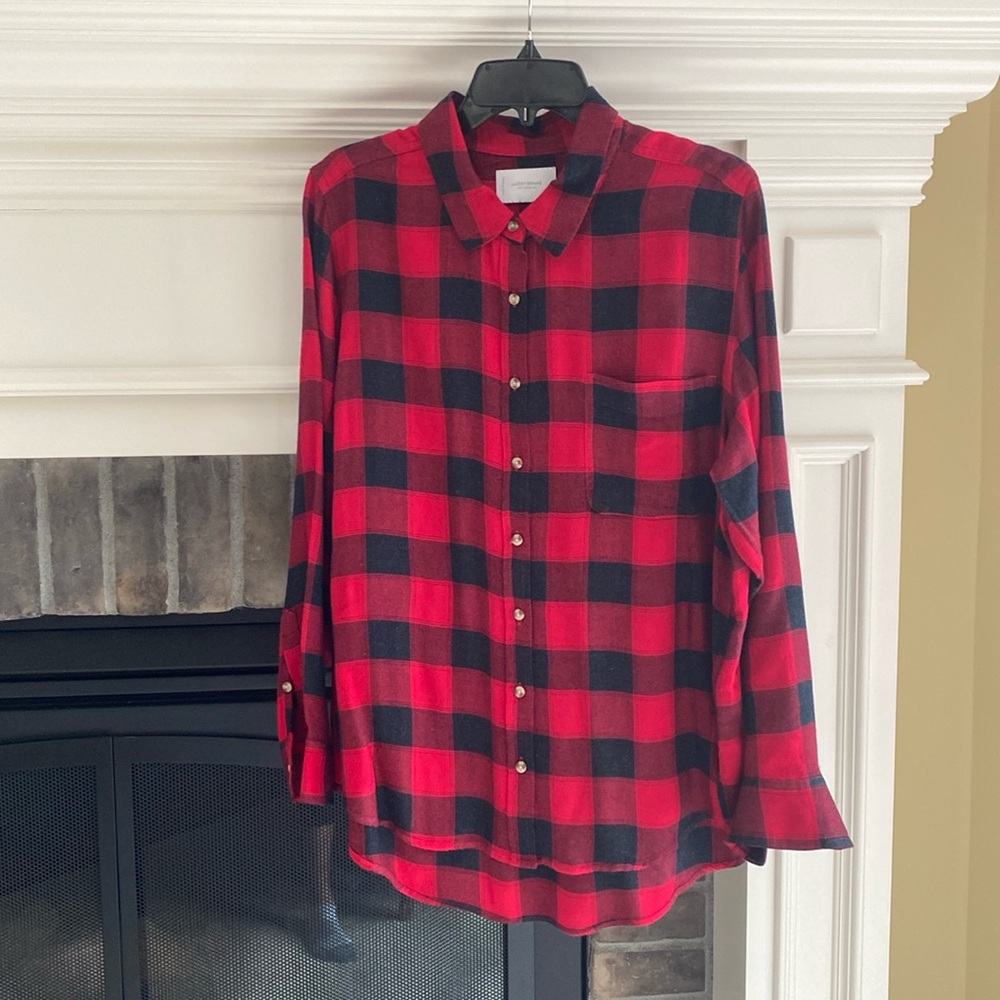 Never Worn Lucky Brand Red and Charcoal Buffalo Check Buttondown Tunic in Size L - Picture 1 of 8